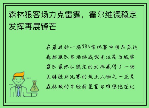 森林狼客场力克雷霆，霍尔维德稳定发挥再展锋芒